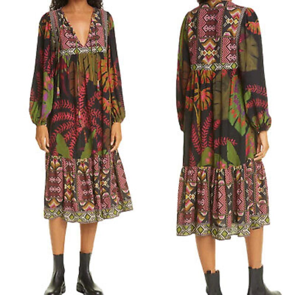 Farm Rio‎ Tropical Forest Mix Print Long Sleeve Shift Midi Dress Size XS New